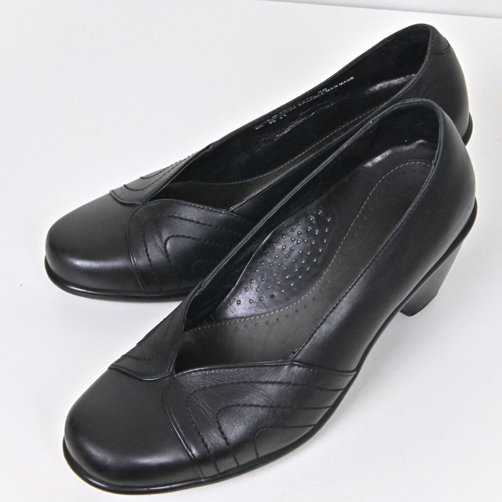 Dansko Stitched Leather Preppy Black Block Heel Pumps US8 EU38 Handmade Portugal